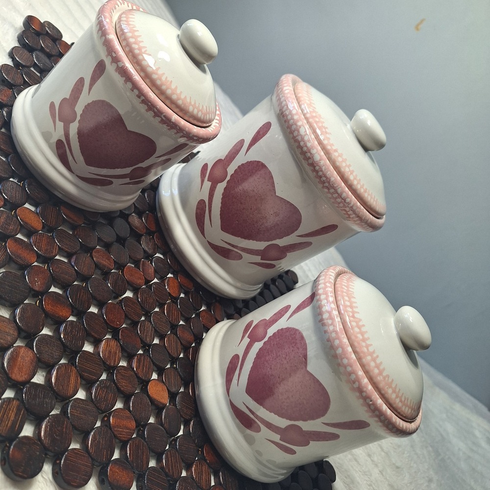 3 Pc Pink Heart Sponge Ware Ceramic Canisters Cottage Country Kitchen 90's
